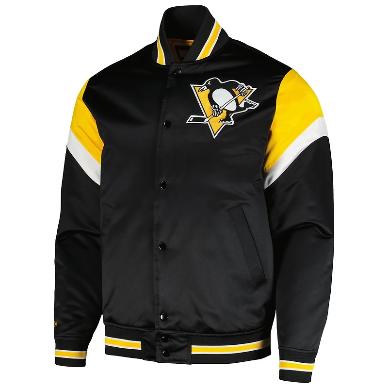 Veste noire à bouton-pression en satin d'épaisseur moyenne Mitchell & Ness pour hommes des Penguins de Pittsburgh