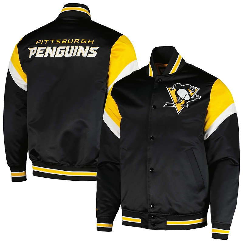 Veste noire à bouton-pression en satin d'épaisseur moyenne Mitchell & Ness pour hommes des Penguins de Pittsburgh