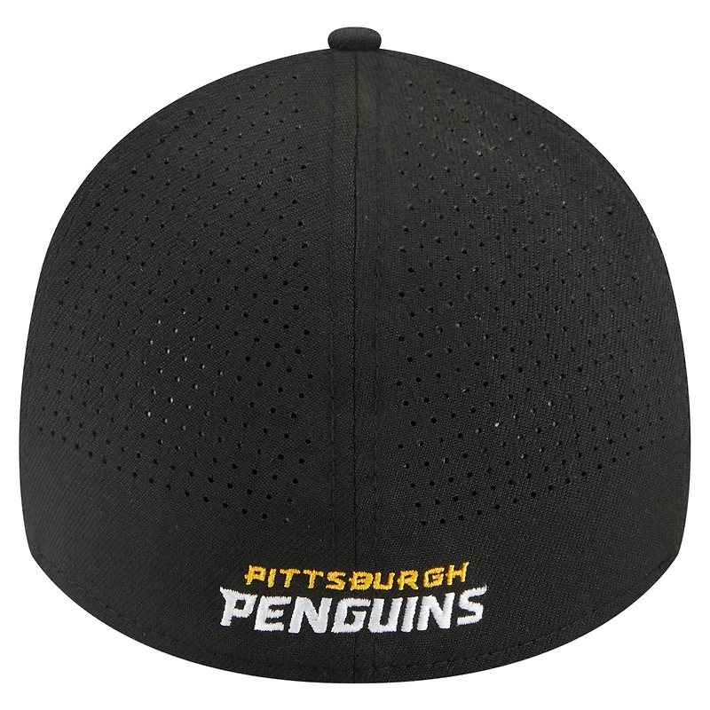 Casquette perforée A-Frame Flex noire New Era 39THIRTY des Penguins de Pittsburgh pour homme