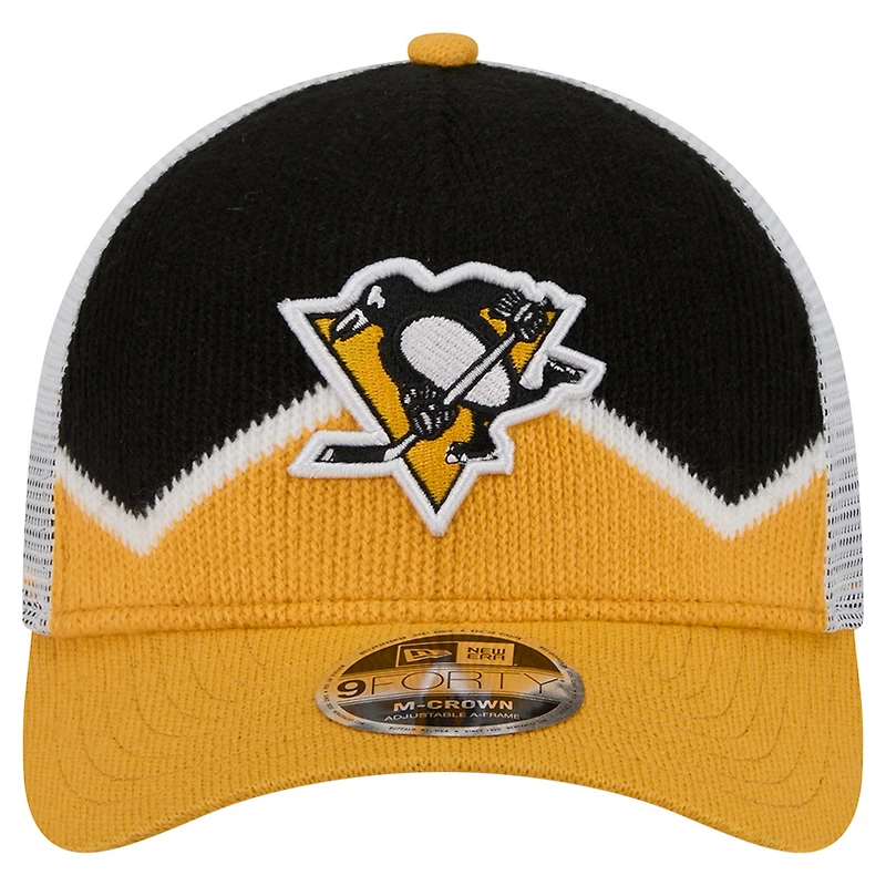 Men's New Era Gold/Black Pittsburgh Penguins Hockey Sock 9FORTY A-Frame M-Crown Adjustable Trucker Hat