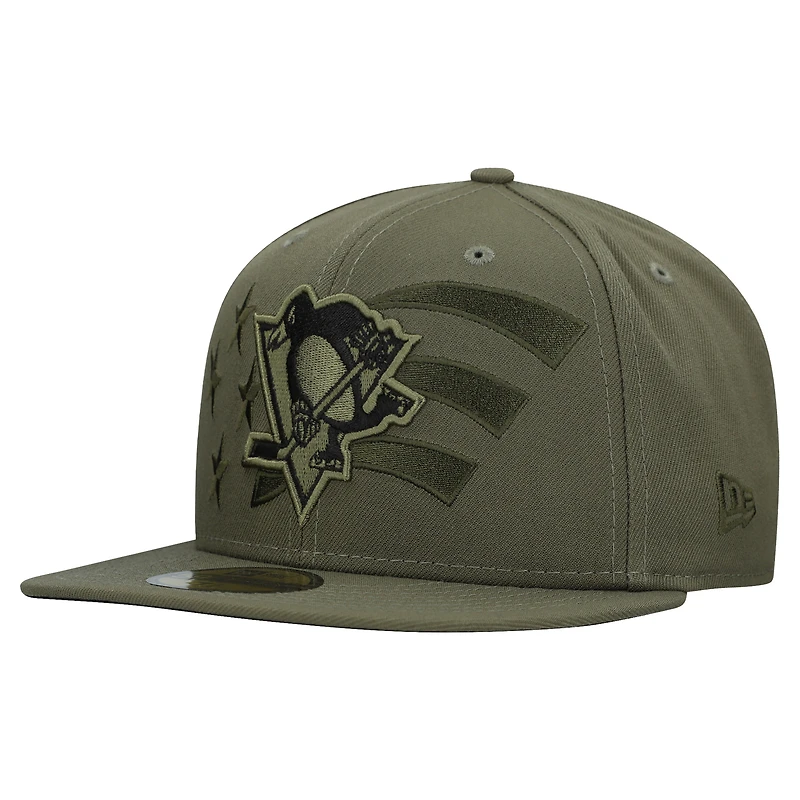 Casquette ajustée 59FIFTY pour homme New Era, motif drapeau militaire des Penguins de Pittsburgh, olive