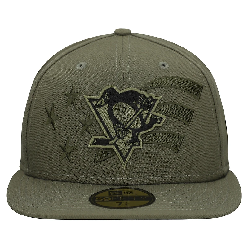 Casquette ajustée 59FIFTY pour homme New Era, motif drapeau militaire des Penguins de Pittsburgh, olive