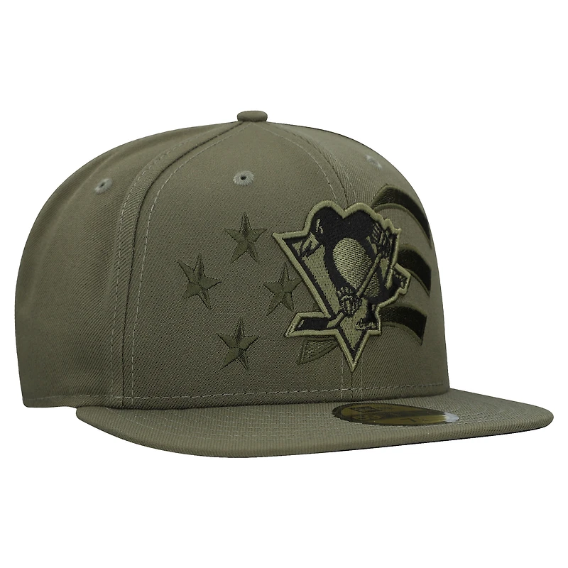Casquette ajustée 59FIFTY pour homme New Era, motif drapeau militaire des Penguins de Pittsburgh, olive