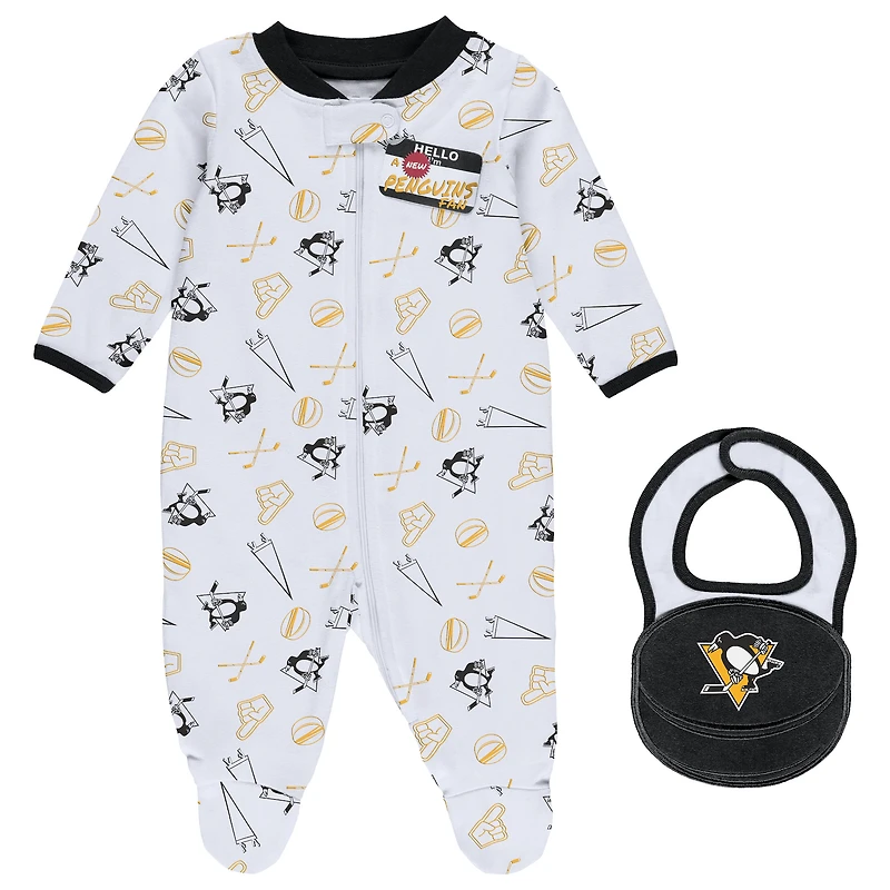 VÊTEMENTS pour nouveau-nés et nourrissons par Erin Andrews White Pittsburgh Penguins Sleep & Play Pull à pieds entièrement zippé avec bavoir