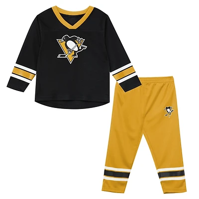 Preschool Outerstuff Black/Gold Pittsburgh Penguins Denting the Net Long Sleeve T-Shirt and Pants Set