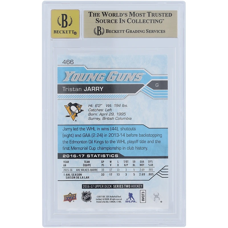 Tristan Jarry Pittsburgh Penguins Autographed 2016-17 Upper Deck Series 2 Young Guns #466 Beckett Fanatics Witnessed Authenticated 9.5/10 Rookie Card