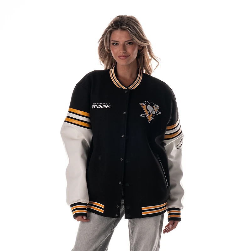 Unisex The Wild Collective Black Pittsburgh Penguins Drop Shoulder Full-Snap Varsity Jacket