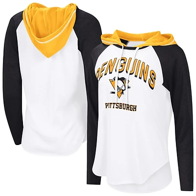 T-shirt à capuche manches longues raglan VIP G-III 4Her par Carl Banks pour femme, blanc, des Penguins de Pittsburgh