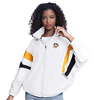 Veste à capuche surdimensionnée entièrement zippée G-III Sports by Carl Banks pour femme, blanche, avec logo des Penguins de Pittsburgh