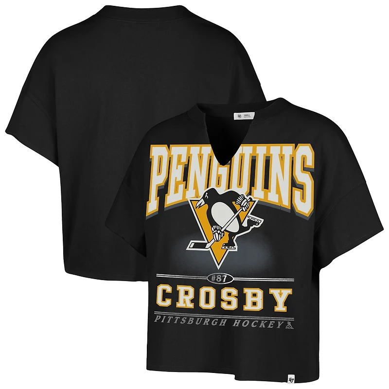 T-shirt surdimensionné à col cranté pour femme, motif Sidney Crosby, noir, avec nom et numéro Elation des Penguins de Pittsburgh, 1947
