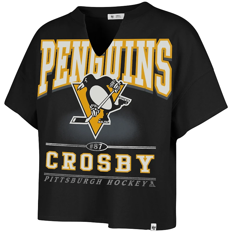 Women's '47 Sidney Crosby Black Pittsburgh Penguins Elation Name & Number Oversized Notch Neck T-Shirt