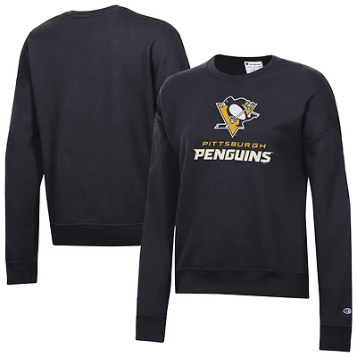 Sweat-shirt Champion noir pour femme avec logo Pittsburgh Penguins et inscription « Wordmark Lockup Powerblend ».