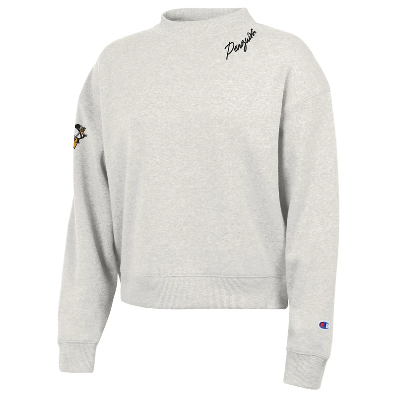 Women's Champion Oatmeal Pittsburgh Penguins Collar Script Triumph Fleece Crewneck Sweatshirt