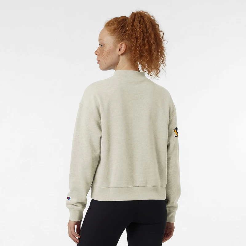 Sweat-shirt à col rond en polaire Champion pour femme, couleur avoine, logo Pittsburgh Penguins.