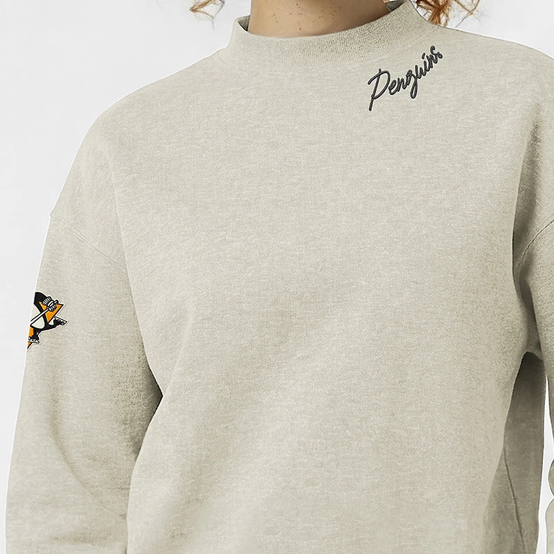 Sweat-shirt à col rond en polaire Champion pour femme, couleur avoine, logo Pittsburgh Penguins.