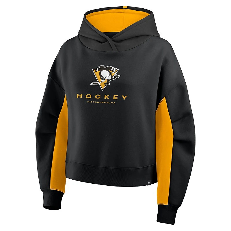 Sweat à capuche boxy noir carreaux arrière des Penguins de Pittsburgh Fanatics pour femmes