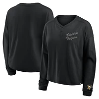 T-shirt Henley surdimensionné à manches longues et col rond pour femme, motif Penguins de Pittsburgh, noir, fanatiques