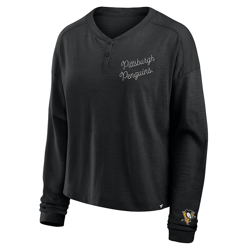 T-shirt Henley surdimensionné à manches longues et col rond pour femme, motif Penguins de Pittsburgh, noir, fanatiques