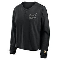 T-shirt Henley surdimensionné à manches longues et col rond pour femme, motif Penguins de Pittsburgh, noir, fanatiques
