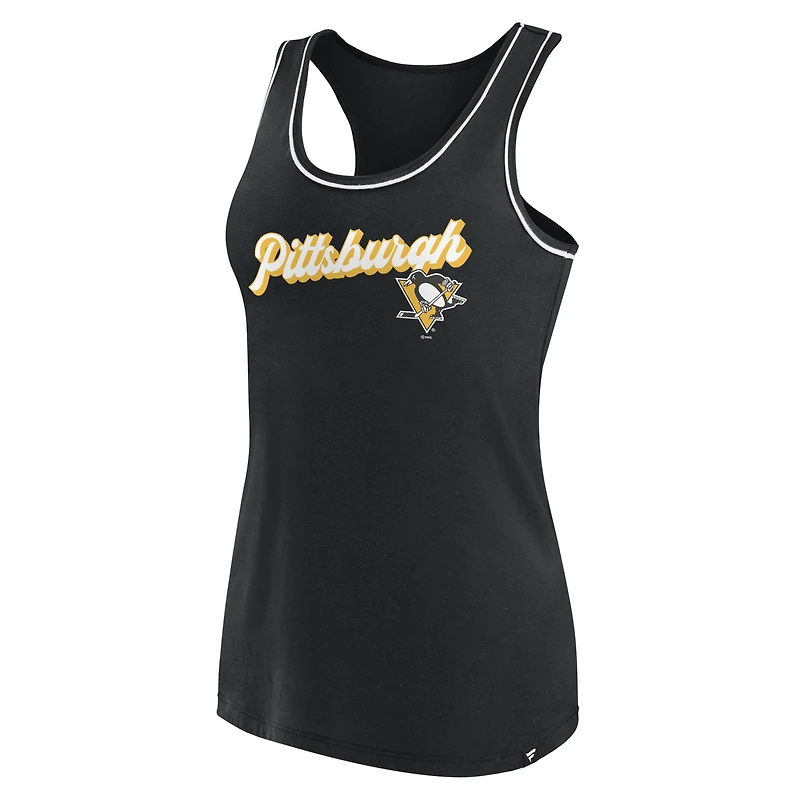 Débardeur noir à col rond et dos nageur avec logo Fanatics des Penguins de Pittsburgh pour femmes