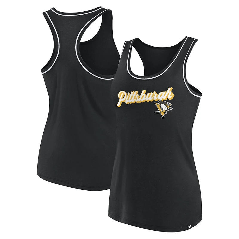 Débardeur noir à col rond et dos nageur avec logo Fanatics des Penguins de Pittsburgh pour femmes