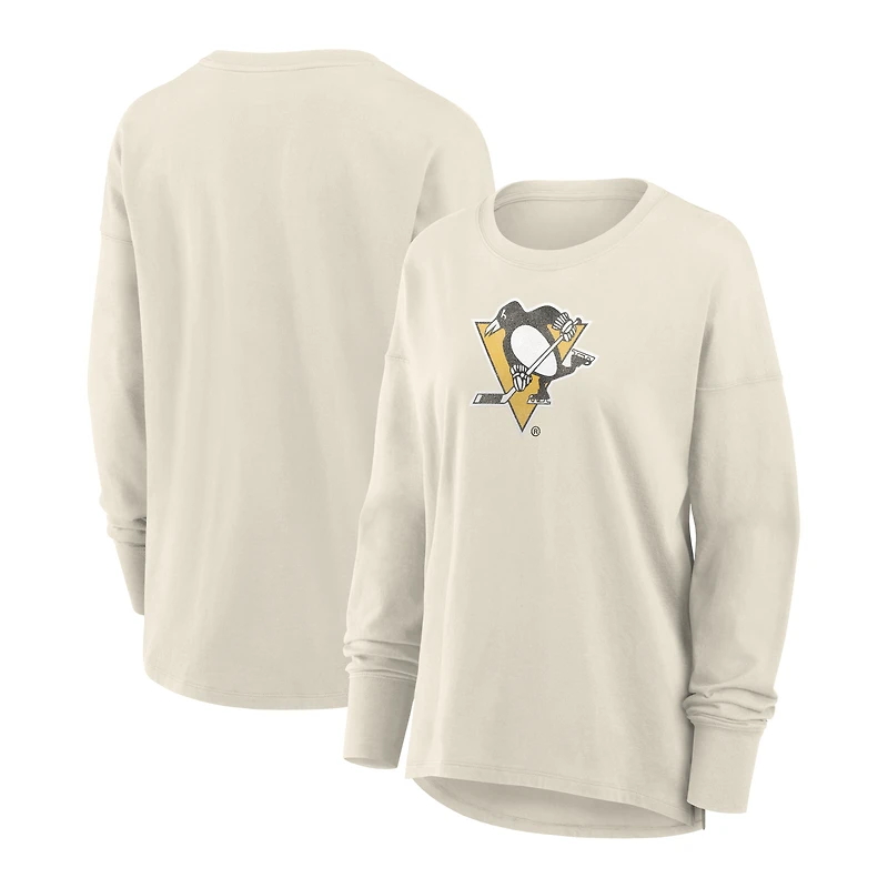T-shirt à manches longues Fanatics Cream Pittsburgh Penguins pour femmes, logo vieilli