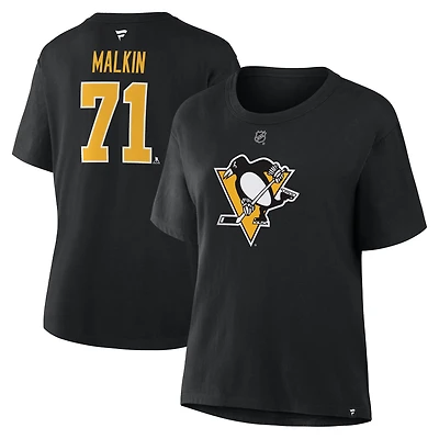T-shirt noir authentique avec nom et numéro Stack des Penguins de Pittsburgh pour femmes Fanatics Evgeni Malkin