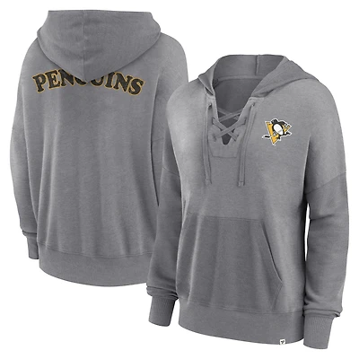 Women's Fanatics Heather Gray Pittsburgh Penguins Heritage Vintage Lace-Up Pullover Hoodie