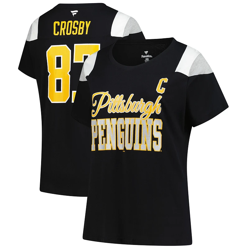 T-shirt à col rond noir Sidney Crosby pour femmes, avec nom et numéro, grande taille, des Penguins de Pittsburgh