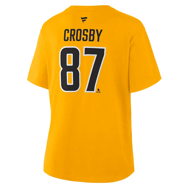 T-shirt authentique Fanatics Sidney Crosby Gold Pittsburgh Penguins pour femmes, avec nom et numéro superposés