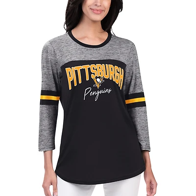 T-shirt noir à manches 3/4 G-III Sports by Carl Banks pour femmes des Penguins de Pittsburgh Play The Game