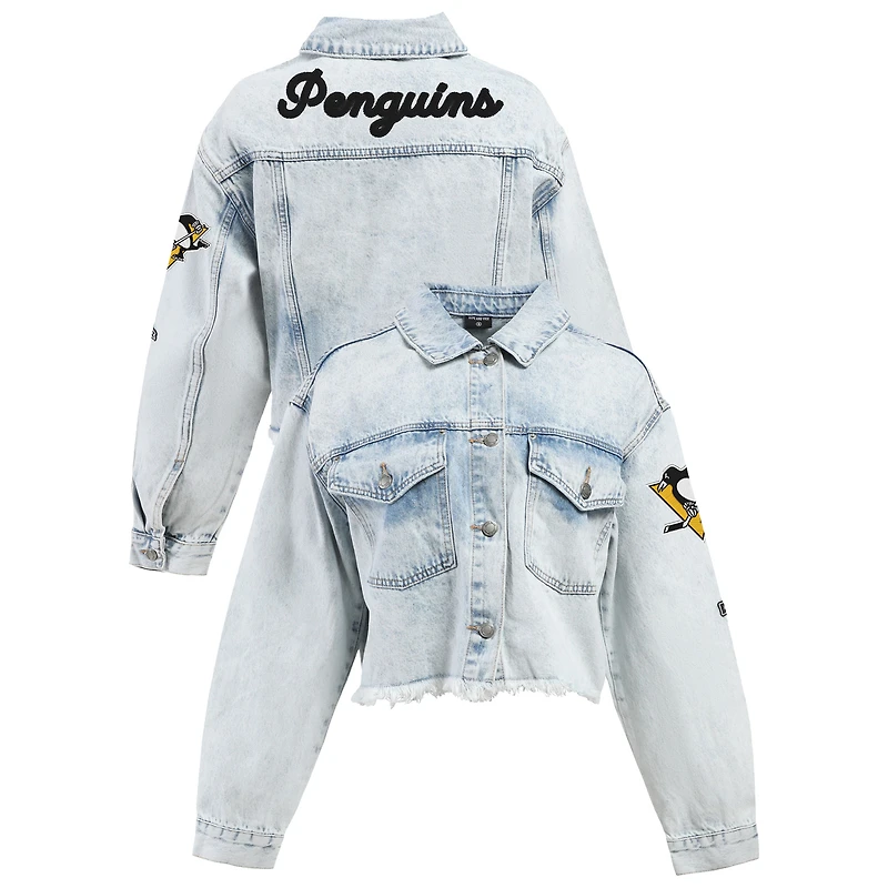 Women's Hype and Vice Denim Pittsburgh Penguins Chenille Raw Edge Cropped Full-Button Jean Jacket