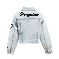 Veste en jean courte boutonnée à bords francs et ourlet brut chenille des Penguins de Pittsburgh, collection Hype and Vice Denim pour femmes