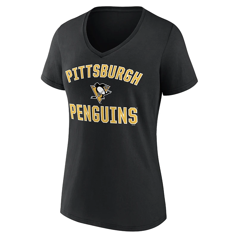 T-shirt à col en V noir Pittsburgh Penguins avec logo et arche de victoire pour femme