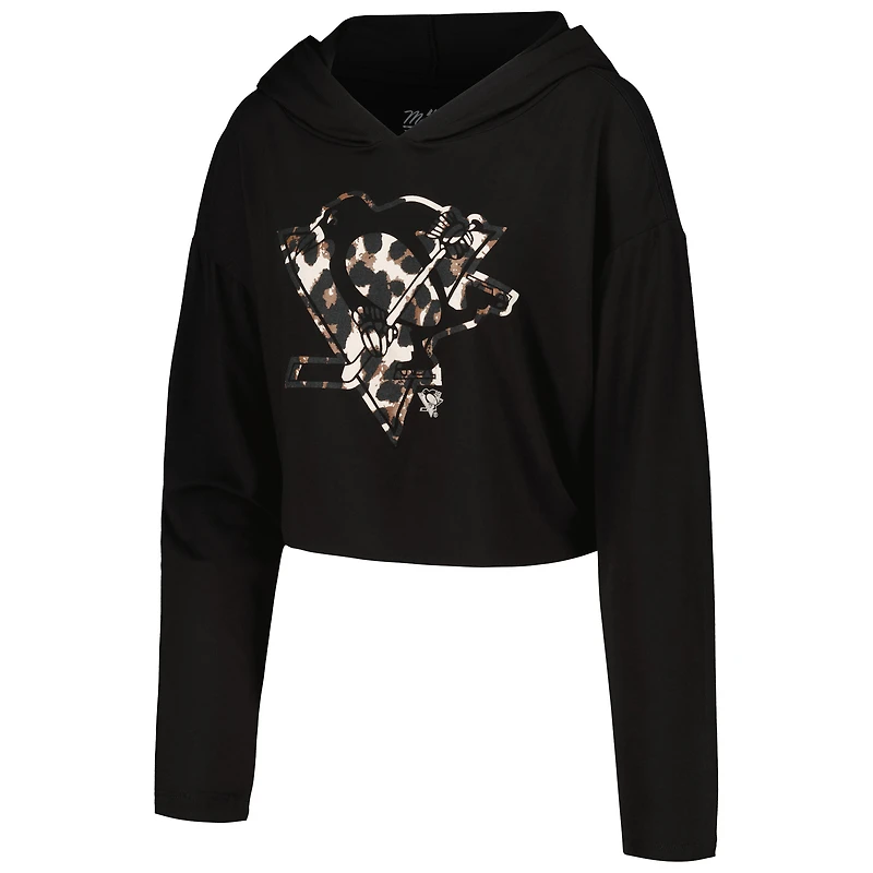 Majestic Threads Sidney Crosby Pull à capuche court noir imprimé léopard des Penguins de Pittsburgh pour femmes