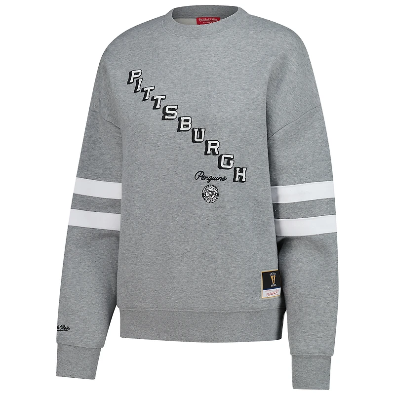 Women's Mitchell & Ness Heather Gray Pittsburgh Penguins Logo Lightweight Pullover Sweatshirt