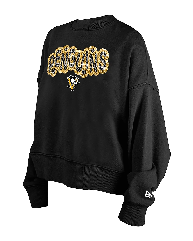 Women's New Era Black Pittsburgh Penguins Flip Sequin Sweatshirt