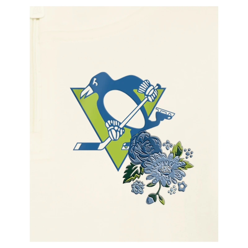 Women's New Era Cream Pittsburgh Penguins Glam Game Quarter-Zip Cropped Floral Hoodie Pullover