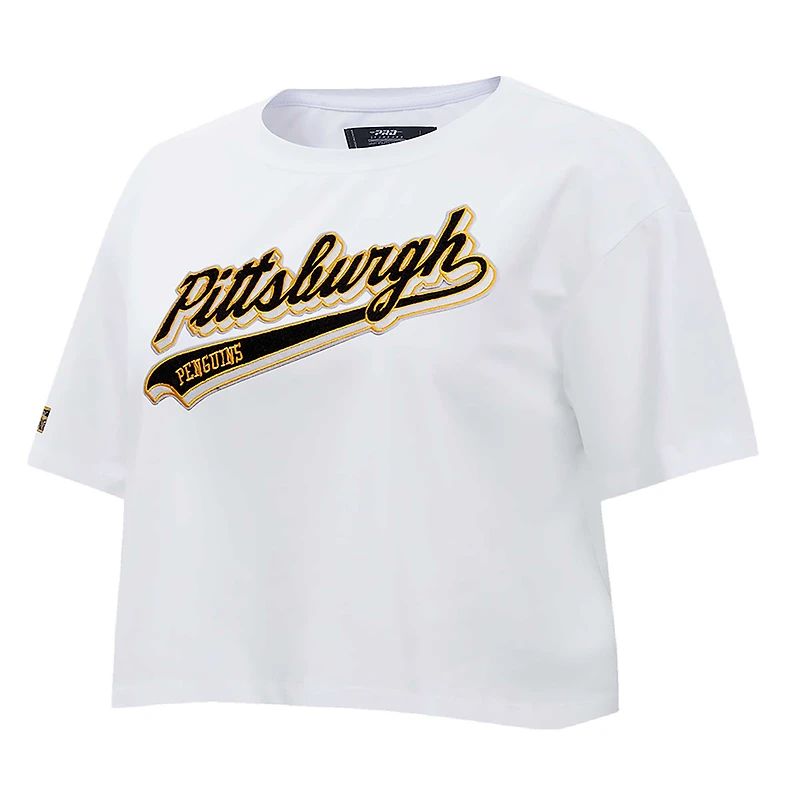 Women's Pro Standard White Pittsburgh Penguins Boxy Script Tail Cropped T-Shirt