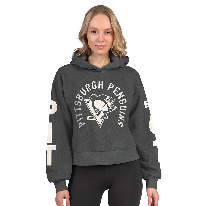 Women's Starter Heather Charcoal Pittsburgh Penguins Star Player Cropped Fleece Hoodie