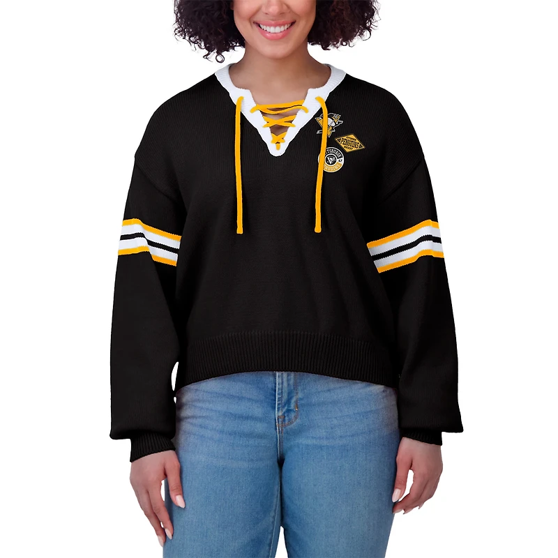 Pull court à lacets noir WEAR by Erin Andrews pour femme des Penguins de Pittsburgh