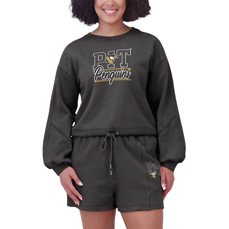 Women's WEAR by Erin Andrews Black Pittsburgh Penguins Washed Fleece Sweatshirt & Shorts Lounge Set
