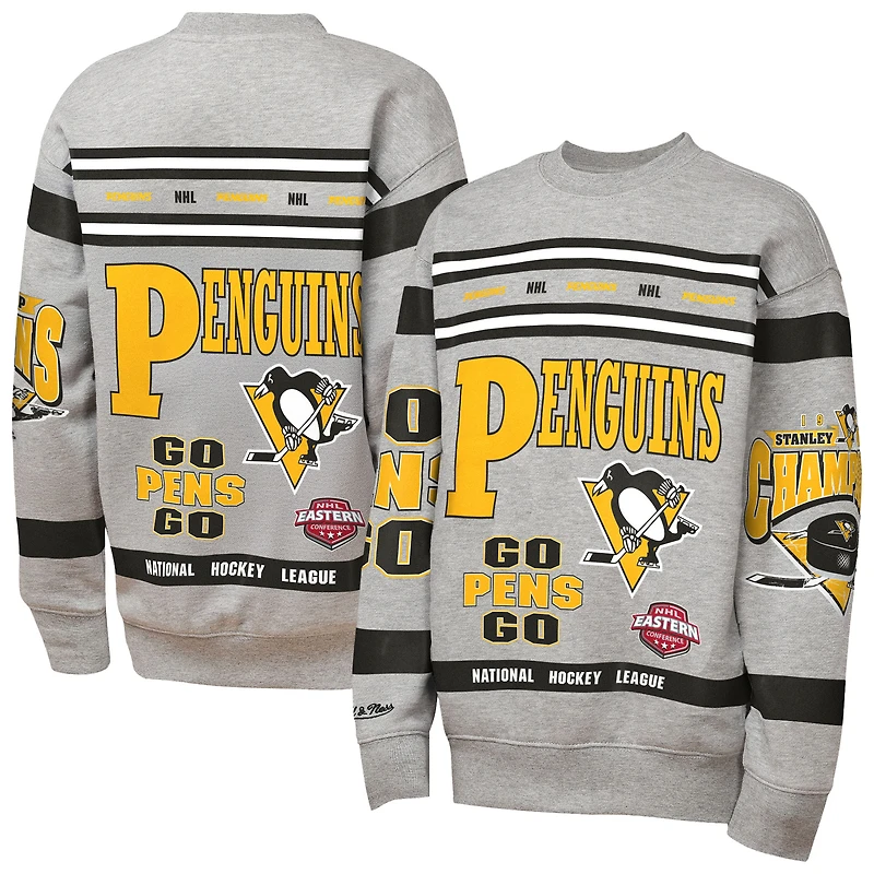 Youth Mitchell & Ness Heather Gray Pittsburgh Penguins Allover Print Fleece Crewneck Sweatshirt