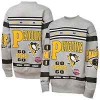 Youth Mitchell & Ness Heather Gray Pittsburgh Penguins Allover Print Fleece Crewneck Sweatshirt