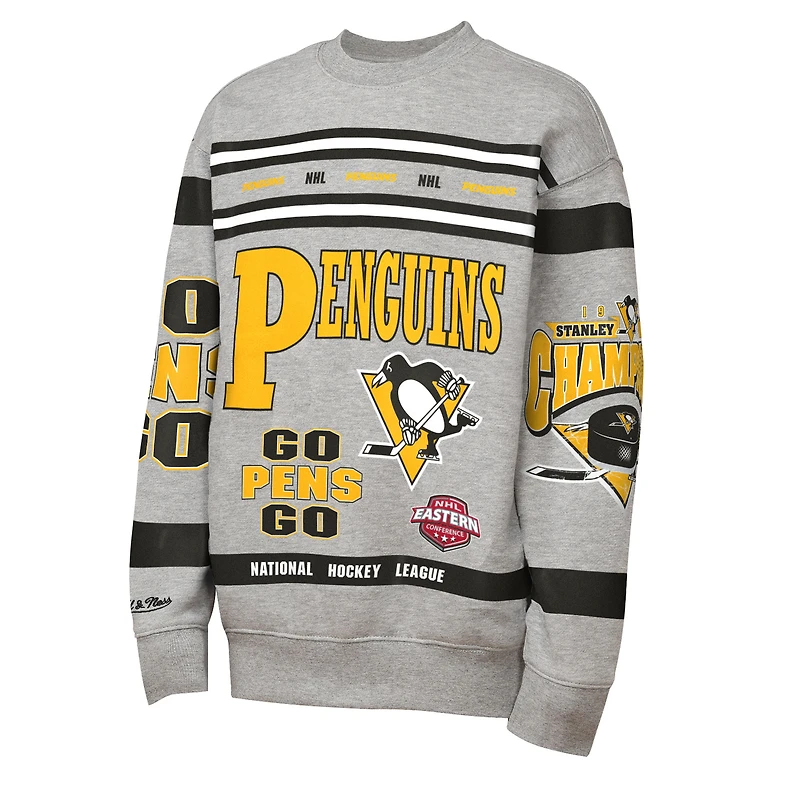 Youth Mitchell & Ness Heather Gray Pittsburgh Penguins Allover Print Fleece Crewneck Sweatshirt