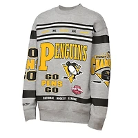 Youth Mitchell & Ness Heather Gray Pittsburgh Penguins Allover Print Fleece Crewneck Sweatshirt