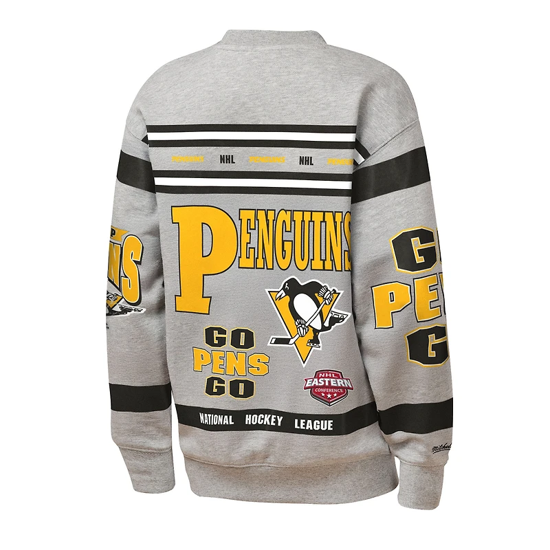 Youth Mitchell & Ness Heather Gray Pittsburgh Penguins Allover Print Fleece Crewneck Sweatshirt