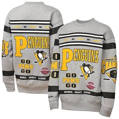 Sweat-shirt ras du cou en molleton imprimé intégral Mitchell & Ness Heather Gray des Penguins de Pittsburgh