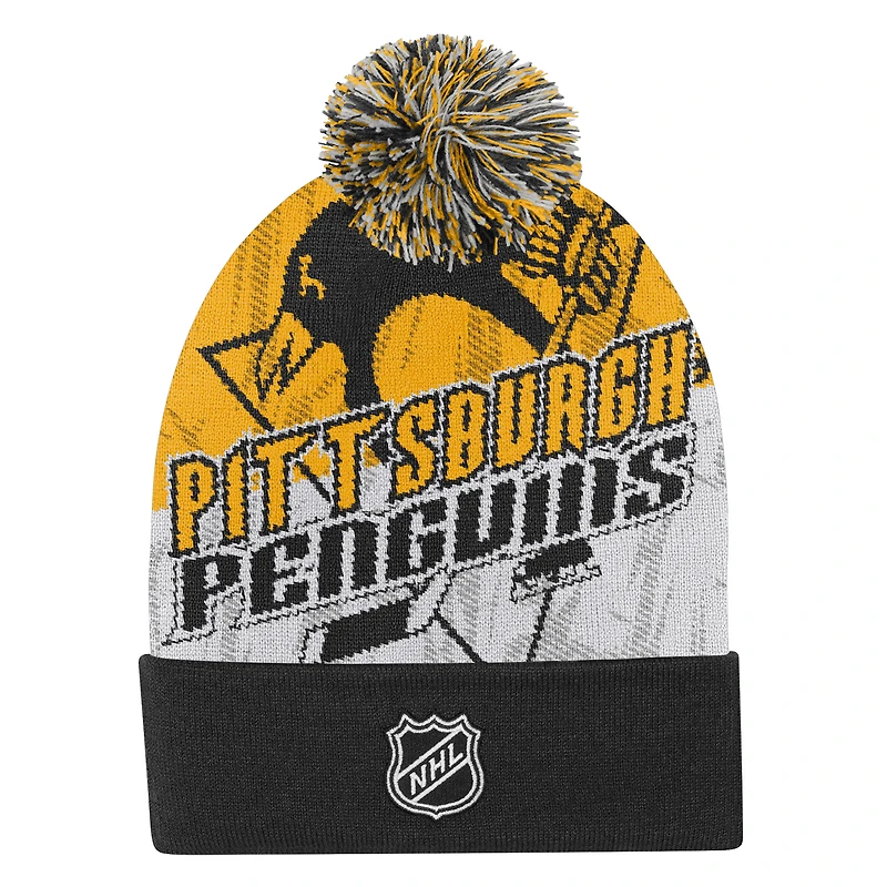 Bonnet en tricot à revers New Edge des Penguins de Pittsburgh noirs pour jeunes Outerstuff avec pompon