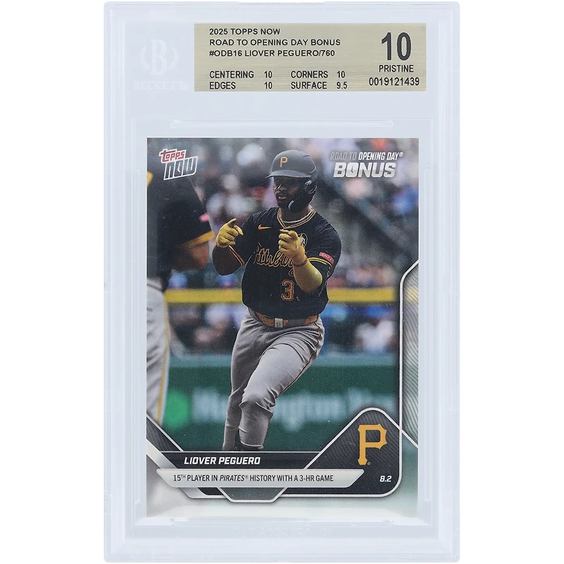Liover Peguero, Pirates de Pittsburgh, Topps Now 2025 : 15e joueur de l'histoire des Pirates avec un match à 3 circuits #ODB16, carte authentifiée BGS 10 - Sous-notes : 10, 10, 10, 9,5